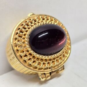 Vintage Pill Box Scent or Perfume Boho Hollywood Regency Gold Metal Box Cabochon